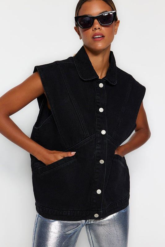 Black Stitching Detailed Denim Vest TWOAW24YE00057