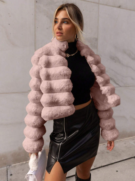 Solid Open Front Crop Fuzzy Coat