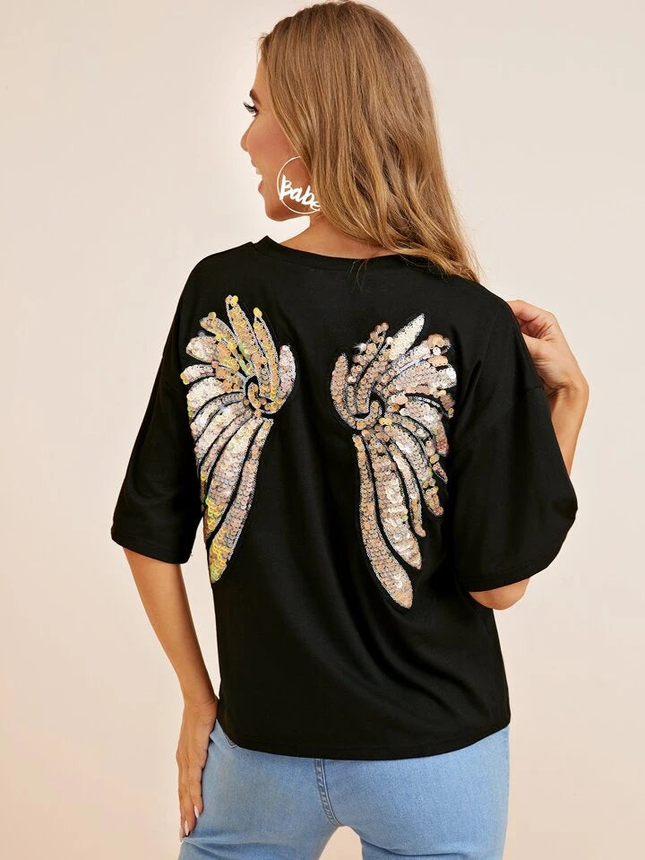 Contrast Sequin Wings Drop Shoulder Tee