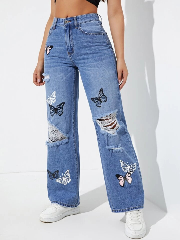 Butterfly Print Ripped Straight Leg Jeans