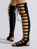 Women Ladder Cut Out Lace-Up Front Faux Suede Gladiator Sandals, Fashion Summer Flat Sandals