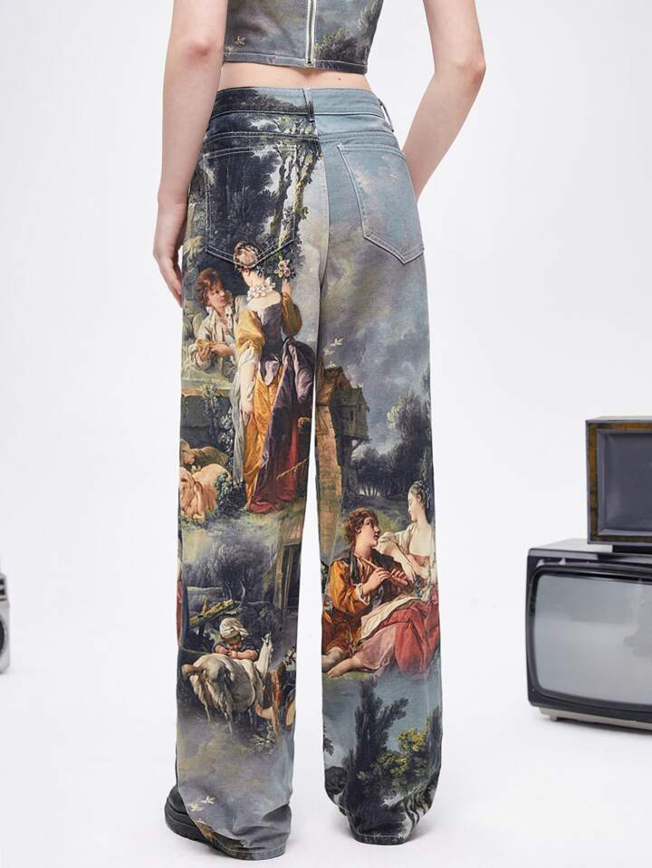 Figure & Plant Print Wide Leg Jeans