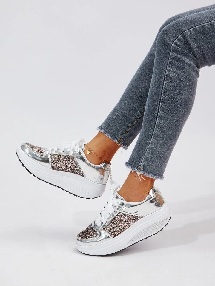 Women Metallic Lace-Up Front Rocking Shoes, Sporty Outdoor Sneakers