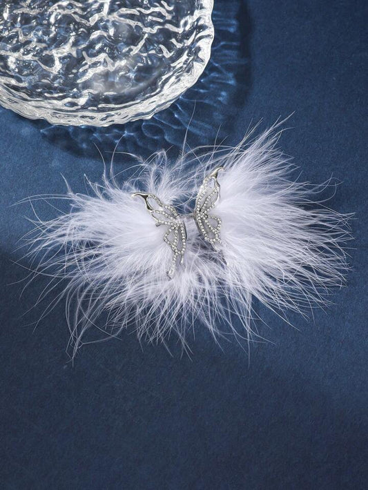 1pc Fairy Style White Feather & Rhinestone Butterfly Ring For Women, Bridal Accessory