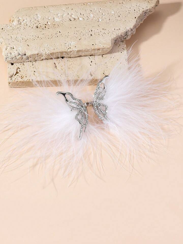 1pc Fairy Style White Feather & Rhinestone Butterfly Ring For Women, Bridal Accessory