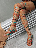 Women Ladder Cut Out Lace-Up Front Faux Suede Gladiator Sandals, Fashion Summer Flat Sandals