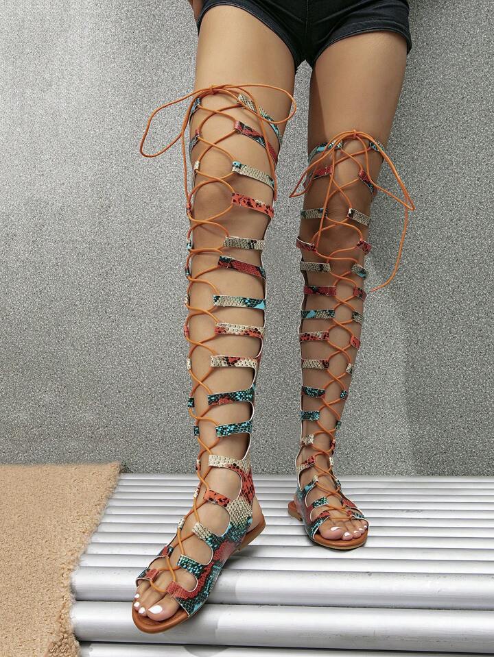 Women Ladder Cut Out Lace-Up Front Faux Suede Gladiator Sandals, Fashion Summer Flat Sandals