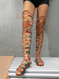 Women Ladder Cut Out Lace-Up Front Faux Suede Gladiator Sandals, Fashion Summer Flat Sandals