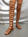 Women Ladder Cut Out Lace-Up Front Faux Suede Gladiator Sandals, Fashion Summer Flat Sandals