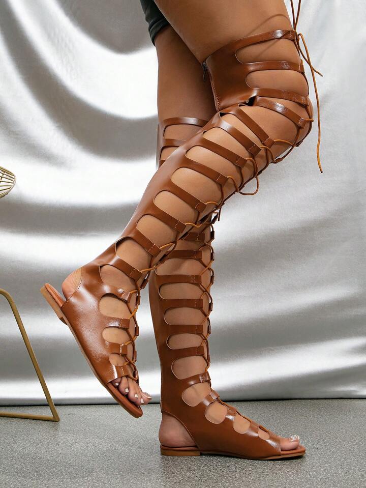 Women Ladder Cut Out Lace-Up Front Faux Suede Gladiator Sandals, Fashion Summer Flat Sandals