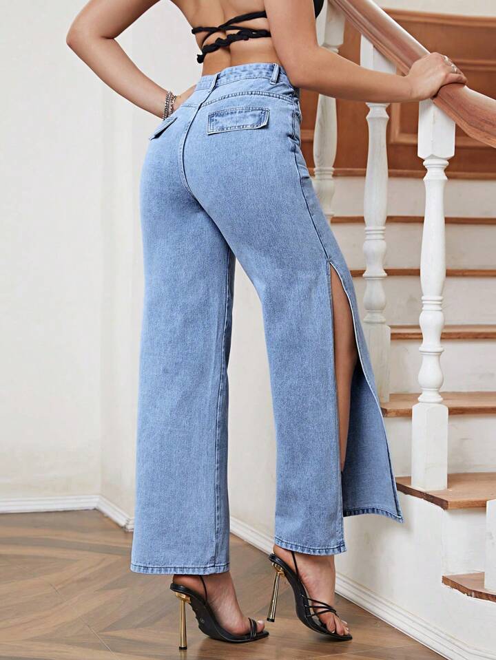 Solid Split Thigh Jeans