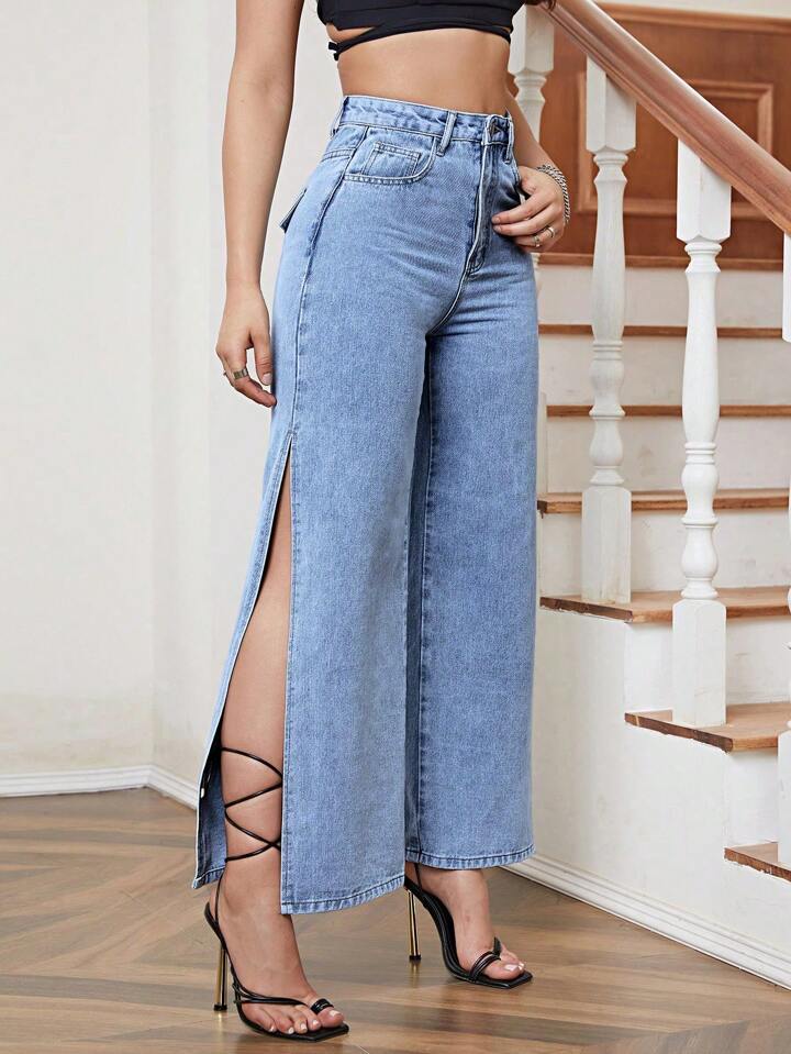 Solid Split Thigh Jeans