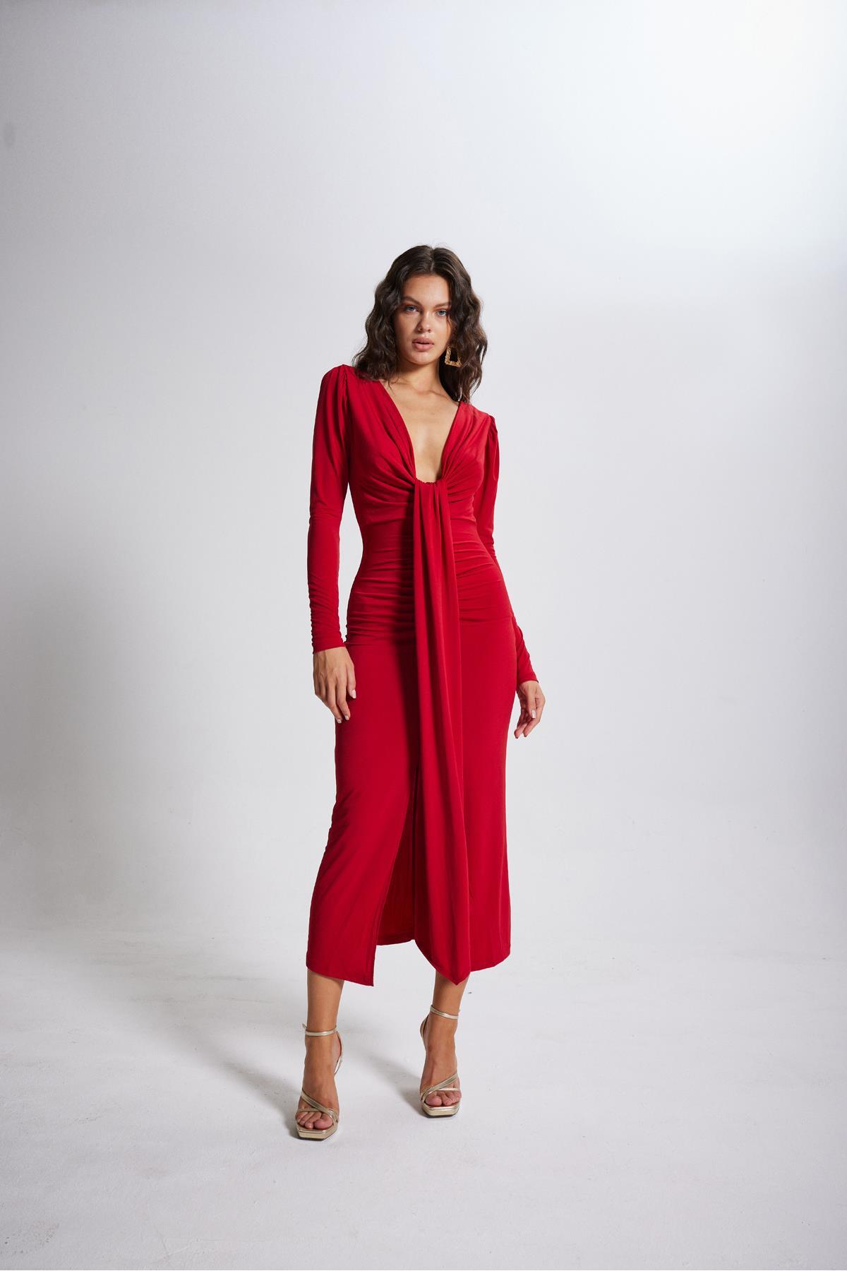 V-Neck Watermelon Sleeve Maxi Moonlight Dress Red HLSS23-00103