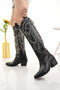 Black Leather White Embroidered Cowboy Style Boots FAVSL015