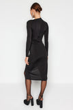 Black Fitted Window/Cut Knitted Out Detailed Elegant Evening Dress TPRAW24EL00143