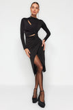 Black Fitted Window/Cut Knitted Out Detailed Elegant Evening Dress TPRAW24EL00143