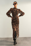 Limited Edition Brown Gathered Slit Woven Dress TWOAW24EL00741