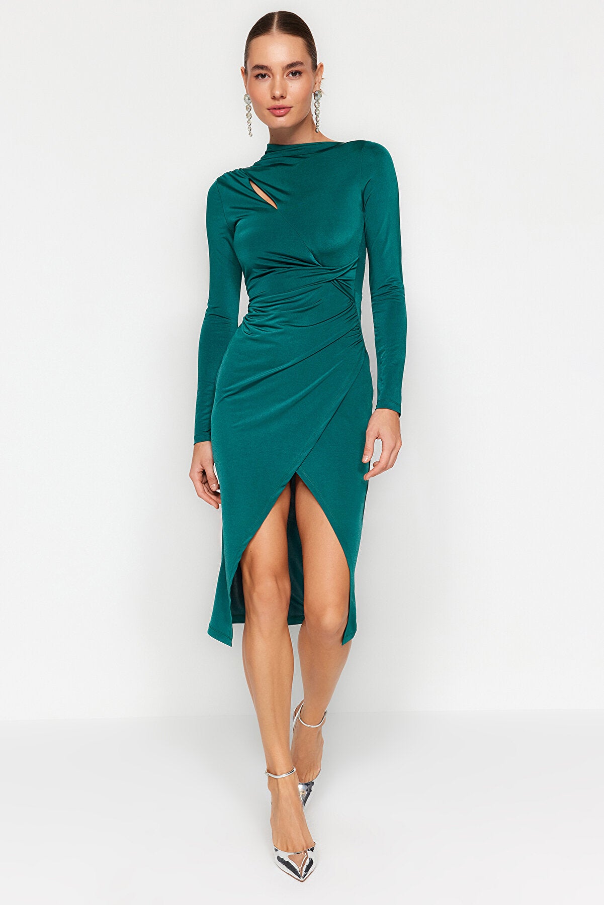 Emerald Green Fitted Knitted Window/Cut Out Detailed Dress TPRAW24EL00143