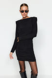 Black Padded Draped Fitted Mini Knitted Dress TWOAW24EL00821