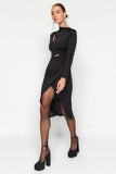 Black Fitted Window/Cut Knitted Out Detailed Elegant Evening Dress TPRAW24EL00143