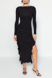 Black Skirt Flounced Boat Kaya Maxi Flexible Knitted Dress TWOAW24EL00616