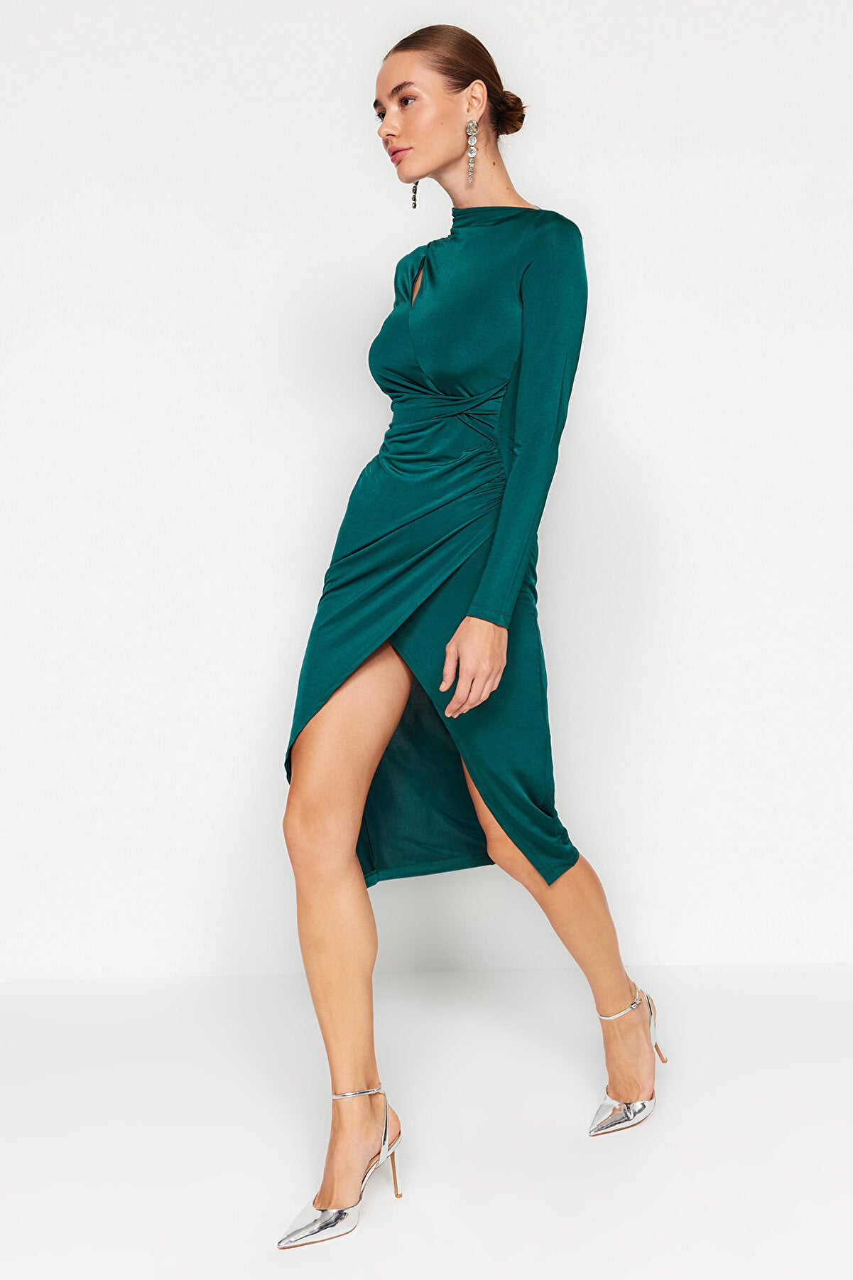 Emerald Green Fitted Knitted Window/Cut Out Detailed Dress TPRAW24EL00143