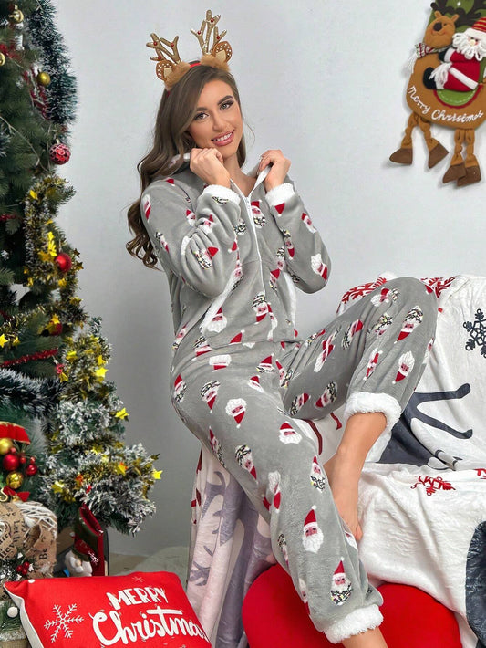 Christmas Santa Claus Pattern Hooded Flannel Sleep Jumpsuit