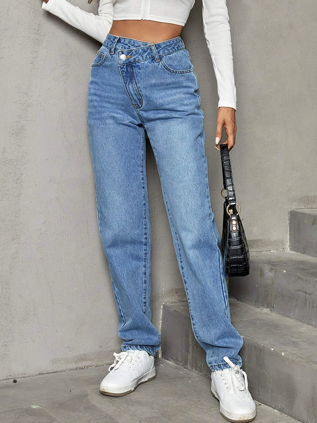 Stepped Waist Straight Leg Jeans