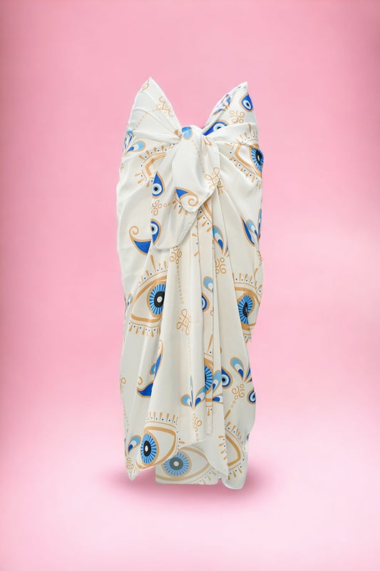 White Eye Patterned Long Pareo Satin Interior Not Show Women Beach Dress New Season Pistore000794