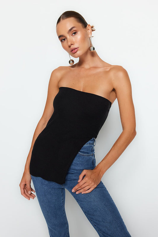 Black Strapless Slit Detailed Premium Yarn / Special Yarn Blouse TWOAW24BZ00131