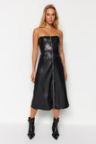 Black Faux Leather Strapless Front Zipper Midi Knitted Dress TWOAW24EL00373