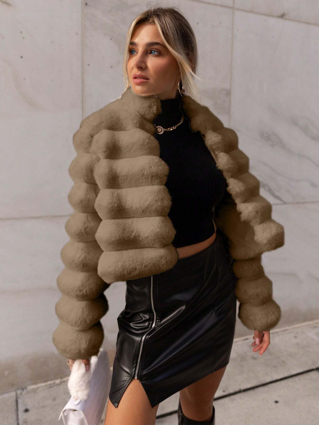 Solid Open Front Crop Fuzzy Coat