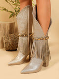 Metallic Texture Pointed Toe Chunky Heel Western Style Cowboy Boots With Rhinestone Decor & Woven Fringe