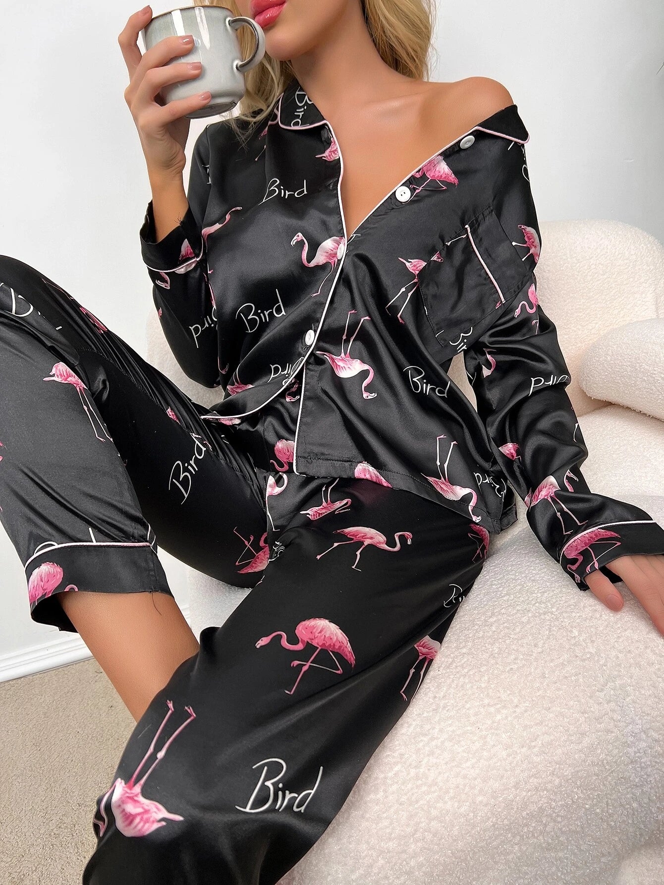 Flamingo & Letter Print Contrast Binding Satin Blouse & Pants PJ Set