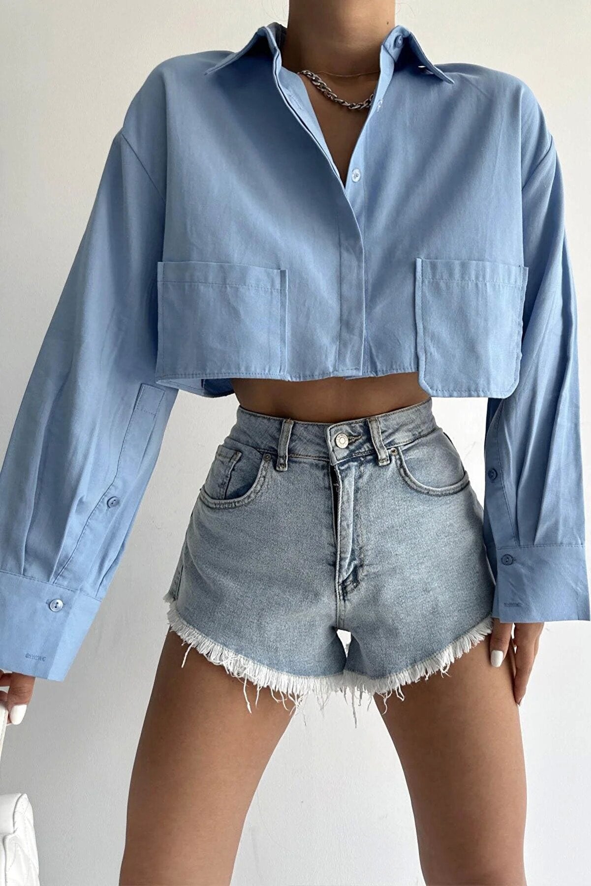 Asymmetrical Pocket Oversize Crop Shirt