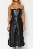 Black Faux Leather Strapless Front Zipper Midi Knitted Dress TWOAW24EL00373