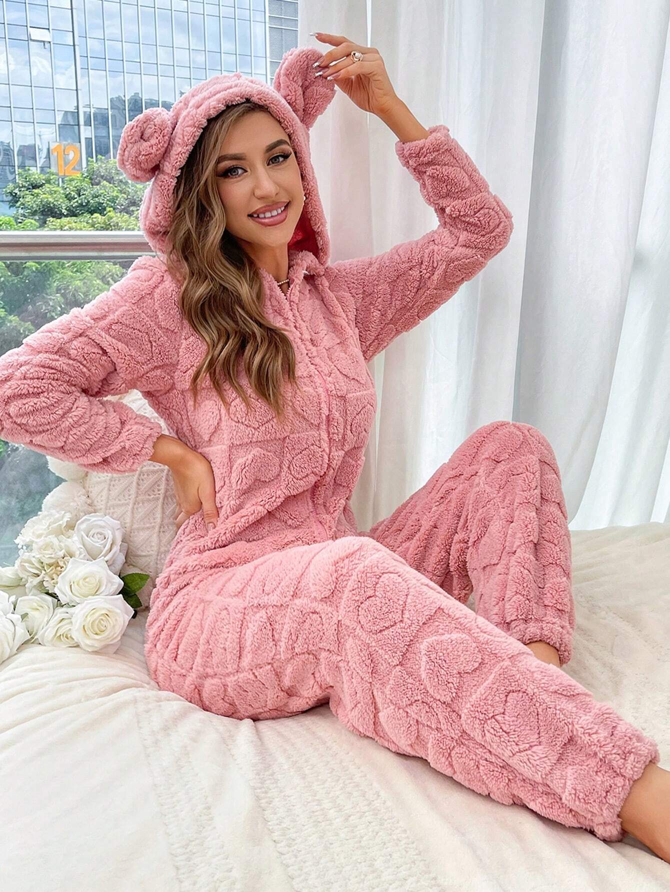 3D Ear Design Hooded Zipper Front Flannel Sleep Jumpsuit