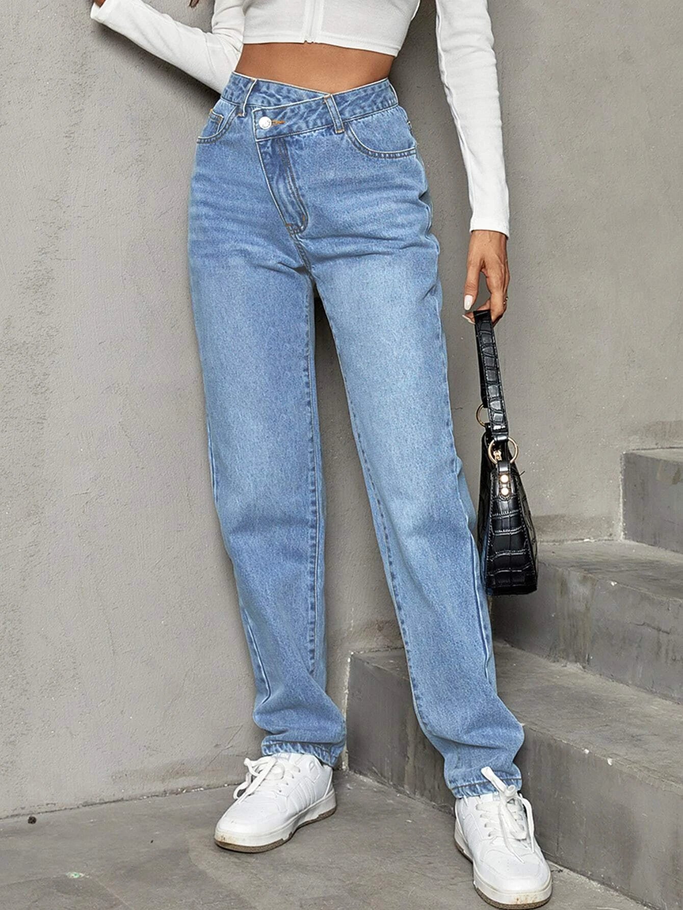 Stepped Waist Straight Leg Jeans