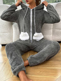 Two Tone 3D Ear Design Hooded Drawstring Fluffy Sleep Romper