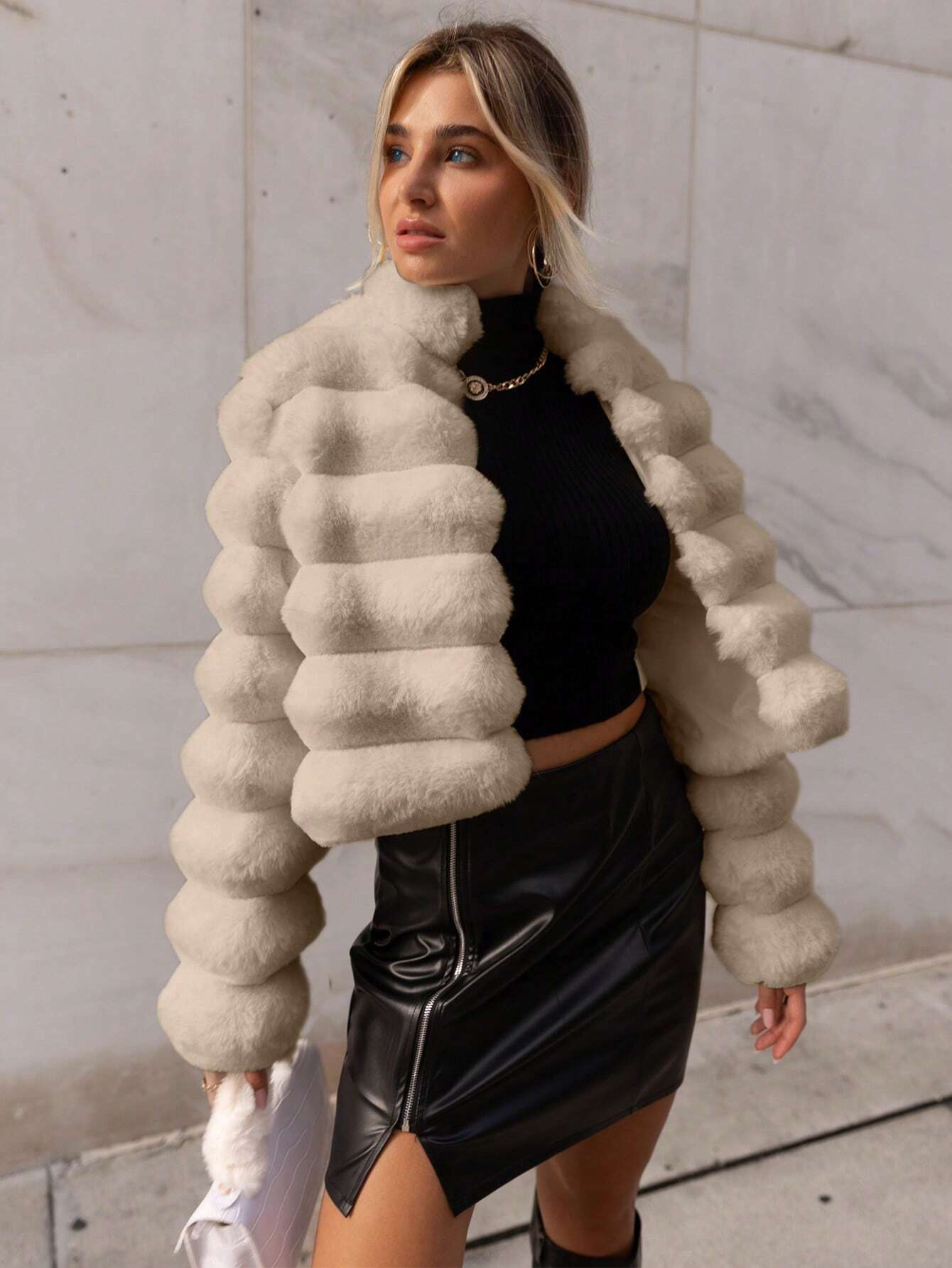 Solid Open Front Crop Fuzzy Coat