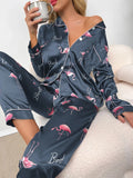 Flamingo & Letter Print Contrast Binding Satin Blouse & Pants PJ Set