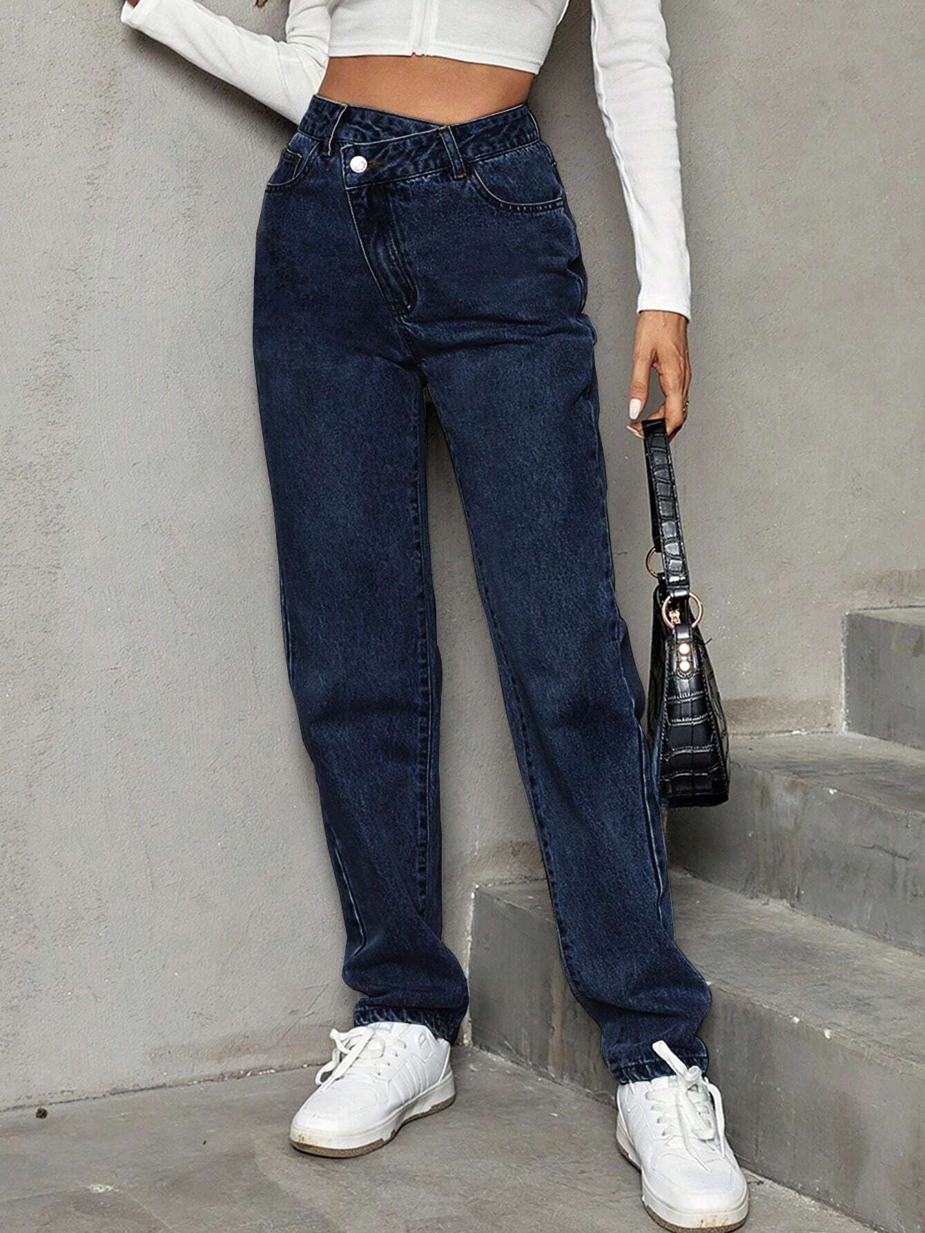 Stepped Waist Straight Leg Jeans