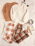 2pcs Solid Teddy Top & 2pcs Plaid Pants PJ Set