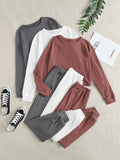 3sets Solid Waffle Knit Top & Pants Lounge Set