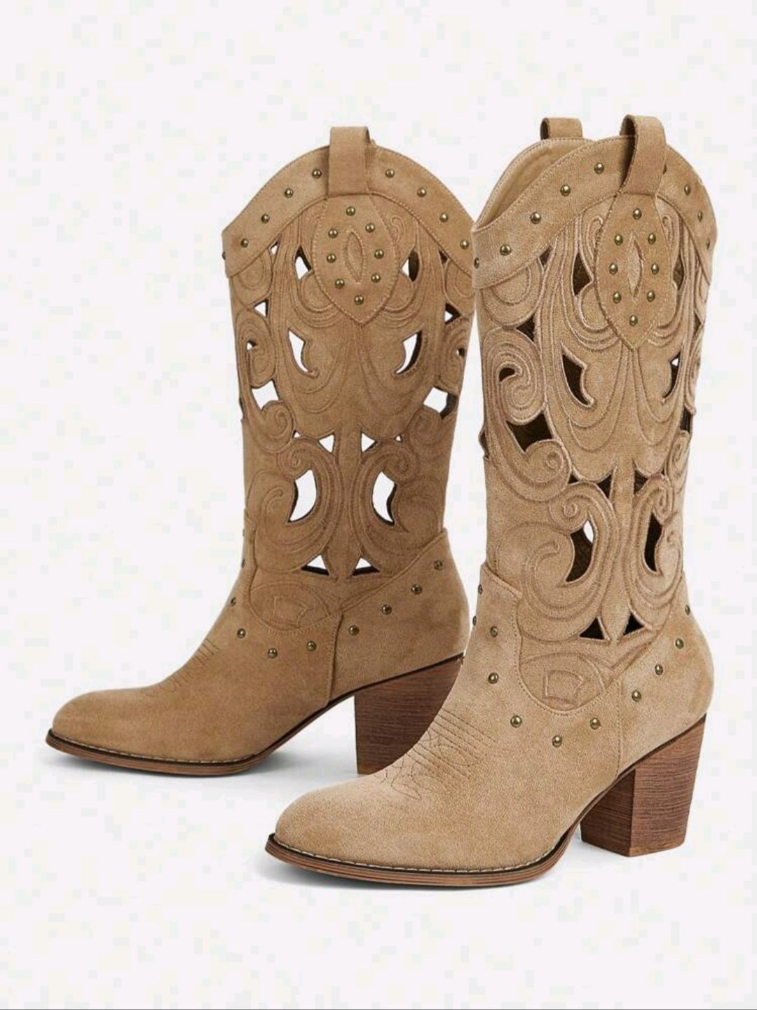 Faux Suede Studded Decor Chunky Heeled Western Boots