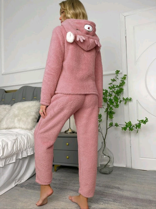 Deer & Letter Embroidery 3D Ears Design Hooded Flannelette PJ Set