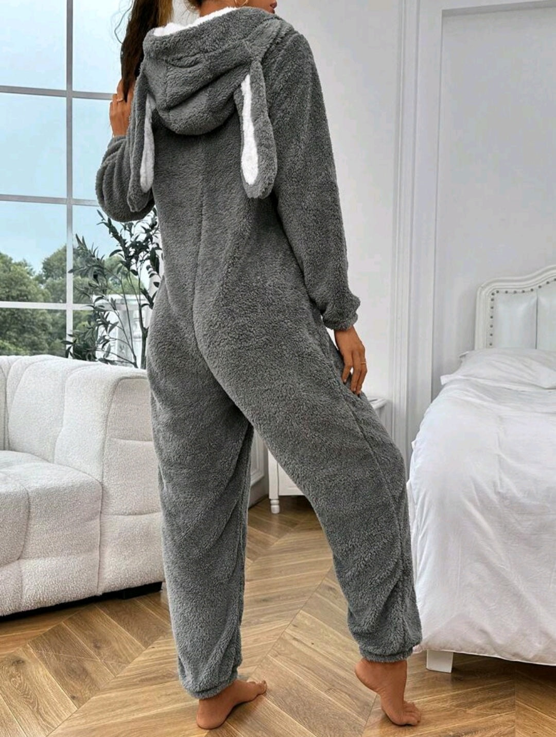 Two Tone 3D Ear Design Hooded Drawstring Fluffy Sleep Romper