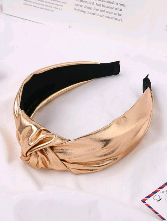 1pc Women's Fabric & Pu Leather Knot Headband With Wide Band Design, Fashionable And Convenient For Washing Face And Applying Makeup, Suitable For Daily Use