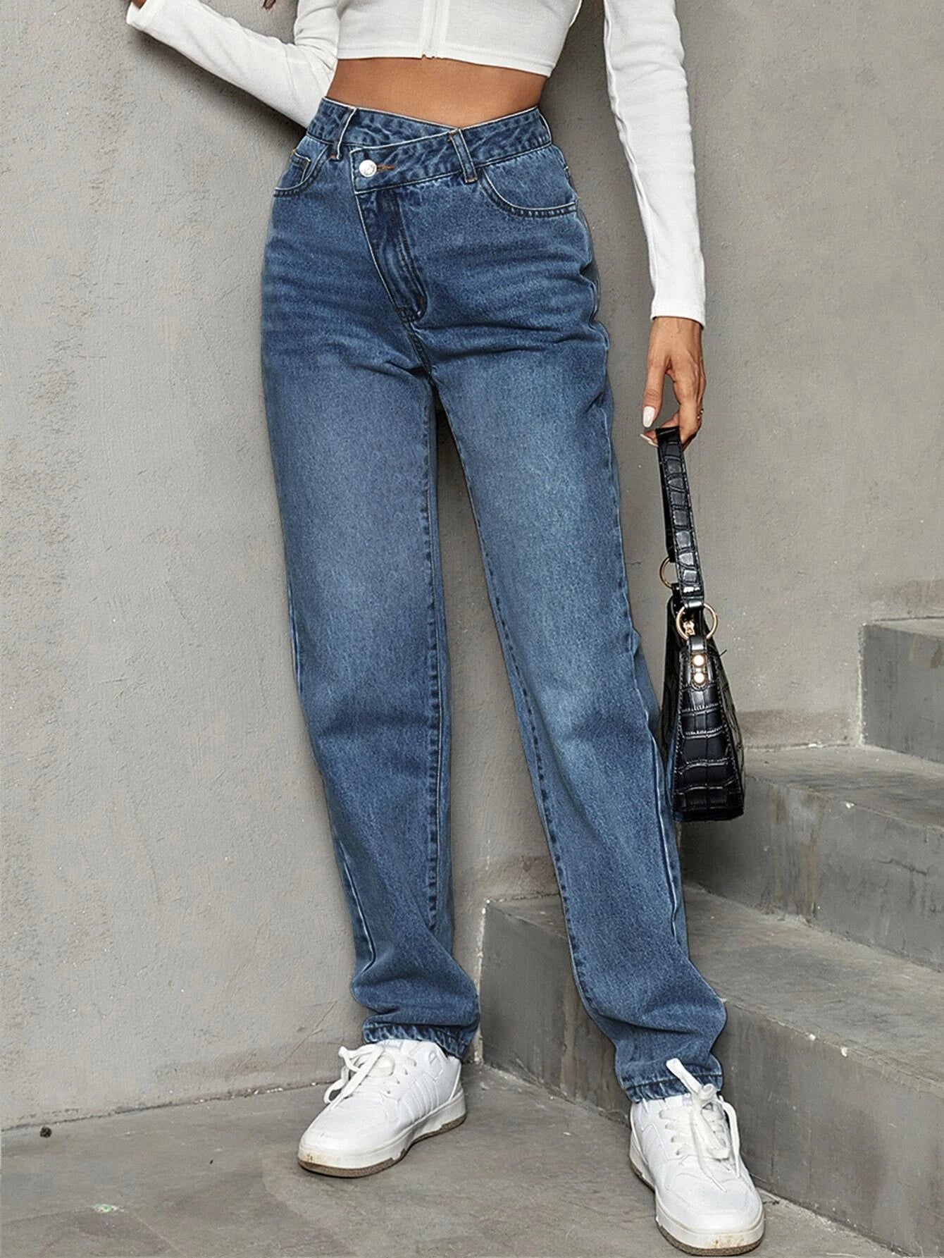 Stepped Waist Straight Leg Jeans