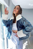 White Fur Denim Women's Short Coat Blue